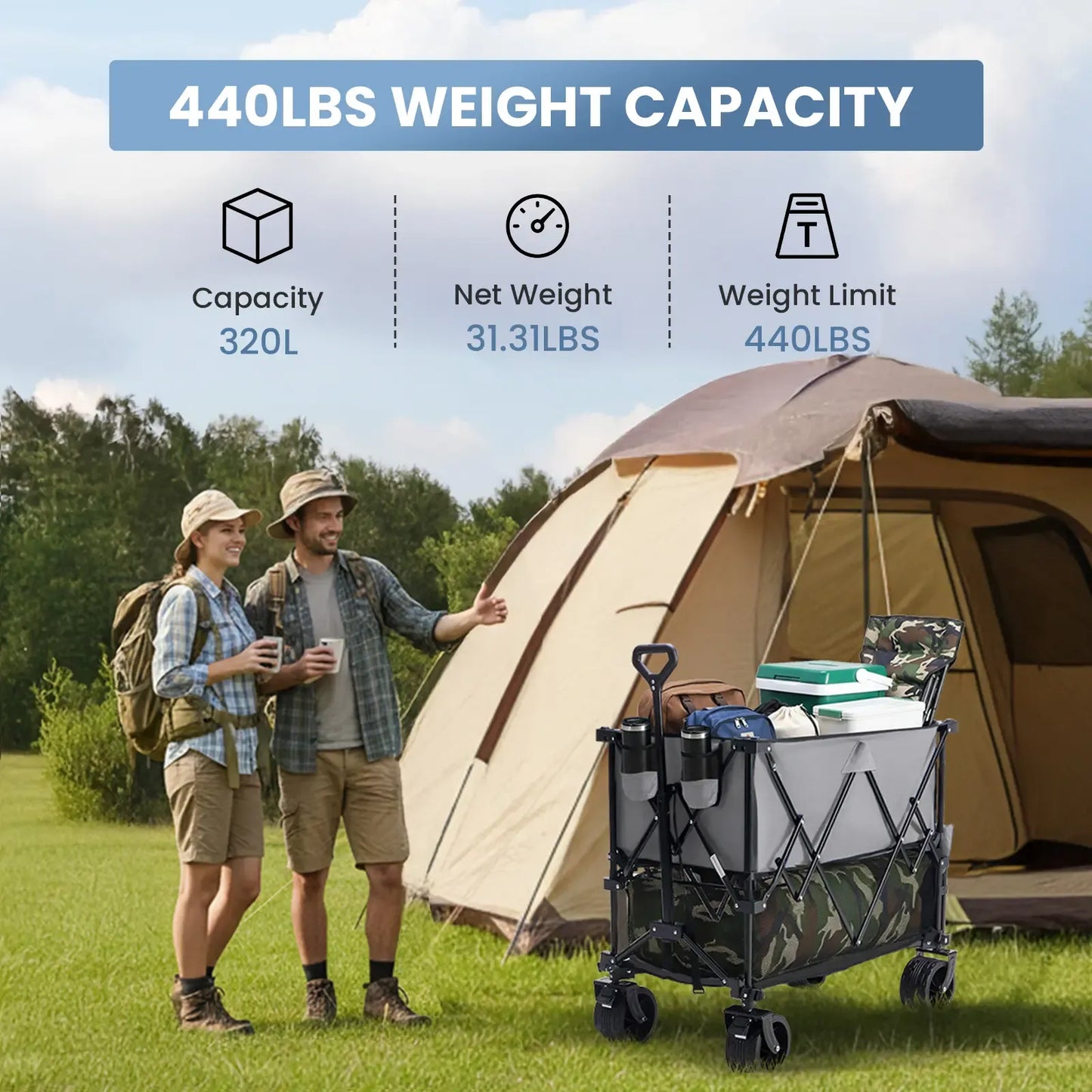 Folding Double-Decker Wagon, 320L Large Capacity 440 lbs Heavy-Duty Utility Cart with Brakes, All-Terrain Wheels & Flexible Handle, Compact Foldable Design for Camping & Grocery