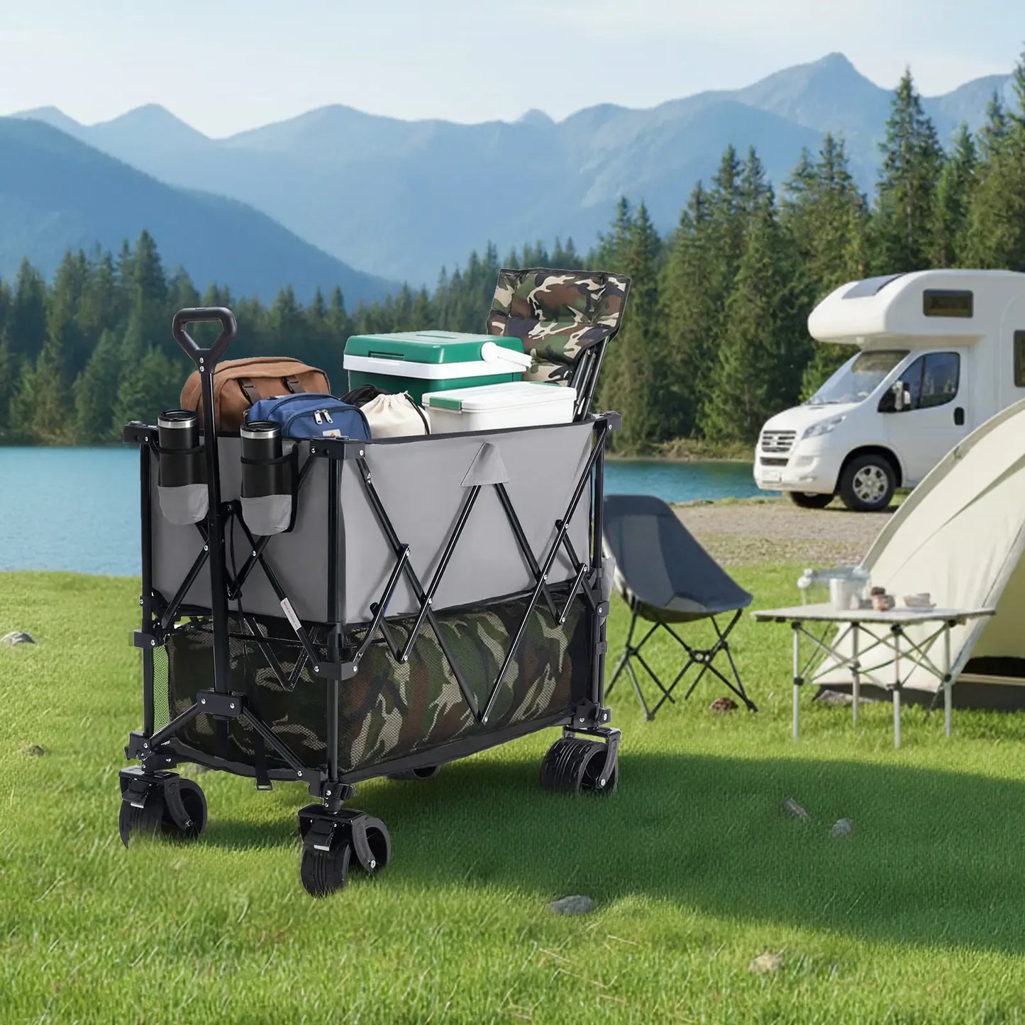 Folding Double-Decker Wagon, 320L Large Capacity 440 lbs Heavy-Duty Utility Cart with Brakes, All-Terrain Wheels & Flexible Handle, Compact Foldable Design for Camping & Grocery