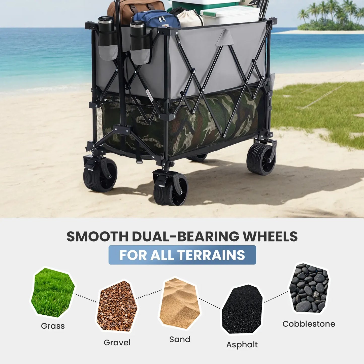 Folding Double-Decker Wagon, 320L Large Capacity 440 lbs Heavy-Duty Utility Cart with Brakes, All-Terrain Wheels & Flexible Handle, Compact Foldable Design for Camping & Grocery